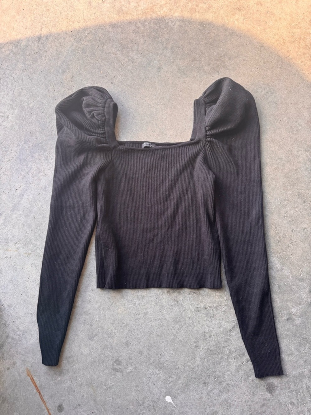 Nasty Gal Black Square-Neck Ribbed Puff Sleeve Top